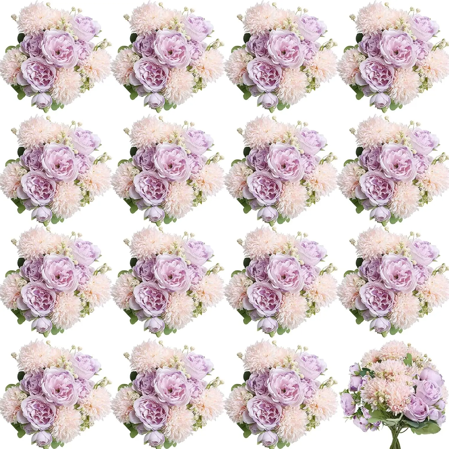 

16 Bundles Artificial Flowers Peonies, Lavender and Pink Silk Faux Peony Floral Arrangements Fake Peonies Bundles for DI