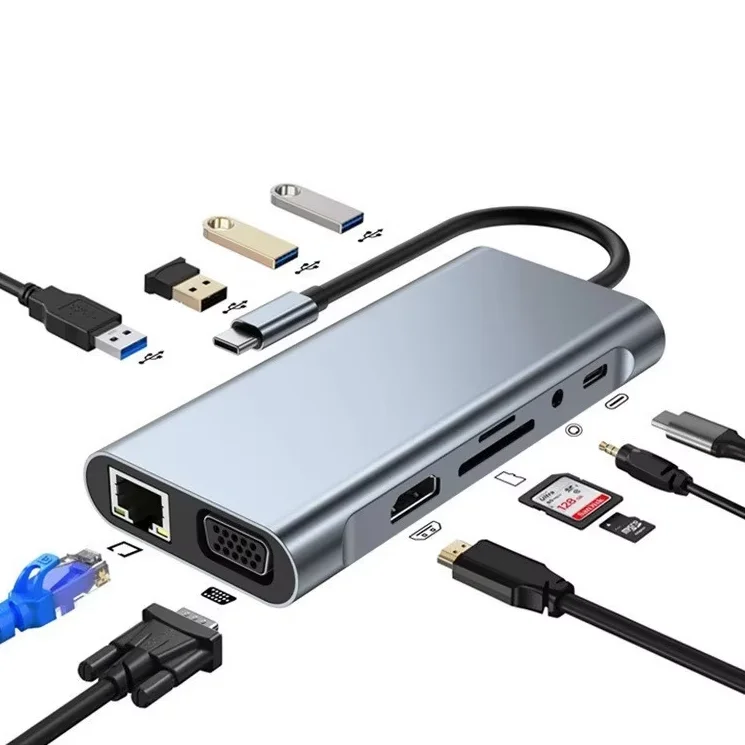 11/10/8/7/6/5/4/3 in 1 Usb C Hub Docking Station Adapter for Laptop Usb 3.1 Type-C Hubs with HDTV VGA RJ45 SD TF Audio Pd 100w