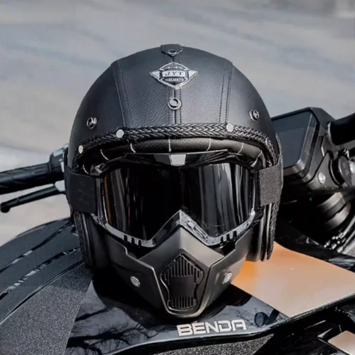 Casco de motocicleta Vintage para hombre, cascos de cuero para patinete de crucero de cuatro estaciones, medio casco para bicicleta eléctrica con máscara genial DOT