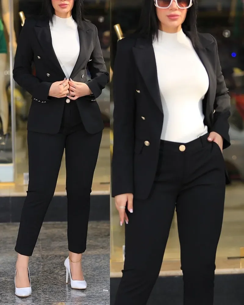 Pants Sets Two Piece Women Cardigan Blazer Double Breasted Slim Fit Pencil Pants Pockets Solid Casual Suits Outwear Spring 2025