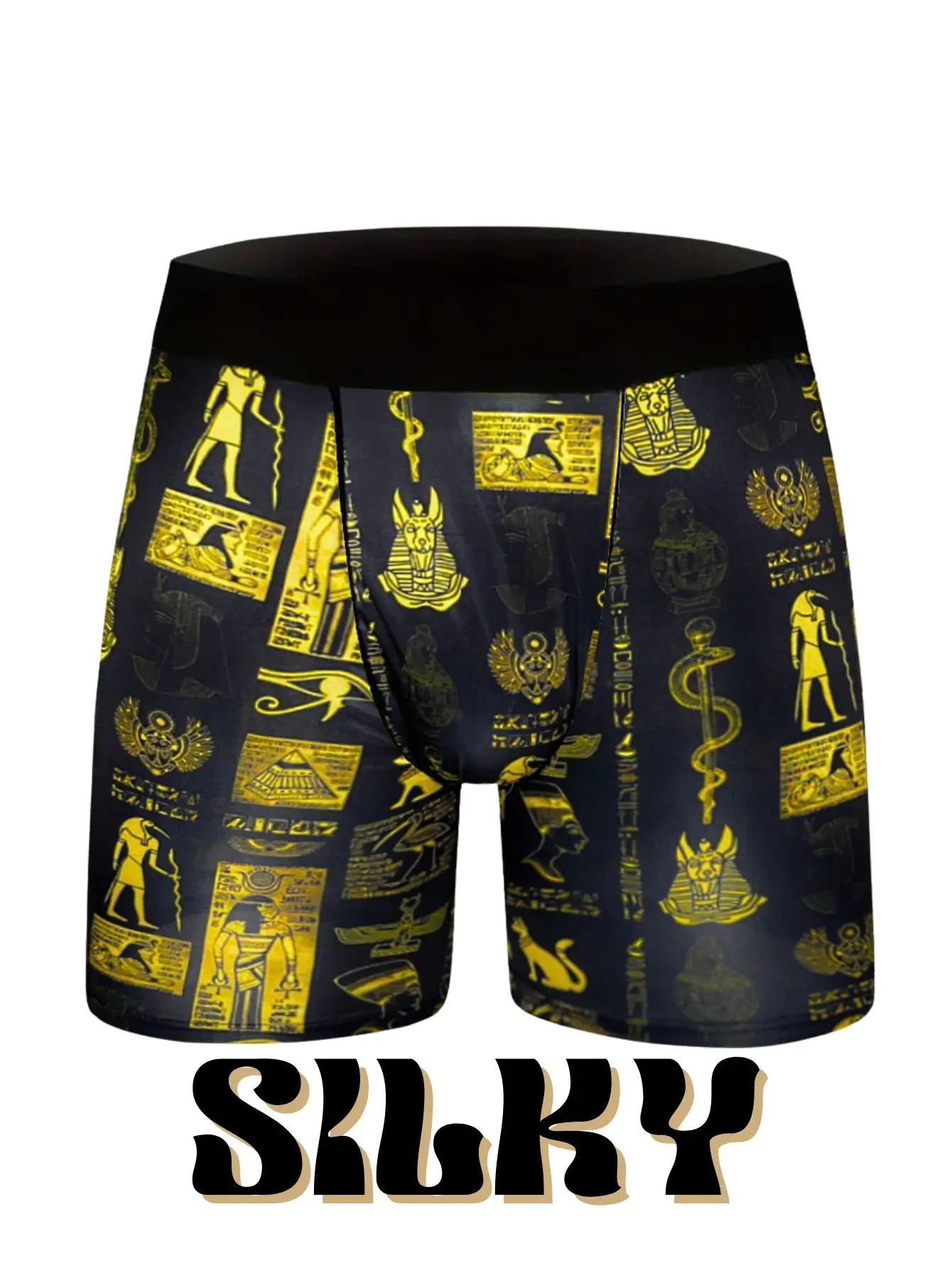 1 Stück lange Boxershorts für Herren, ägyptischer alter Zivilisationsdruck, Eis, seidig, lässige Sportunterwäsche, lustige Mode-Boxershorts für Männer