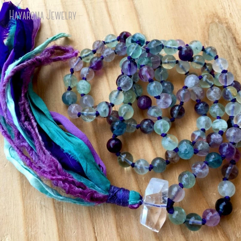 10Pcs 108 Mala Bead Fluorite Protection Stress Relief Crown Chakra Mental Clarity Meditation Bead Sari Silk Tassel Necklace