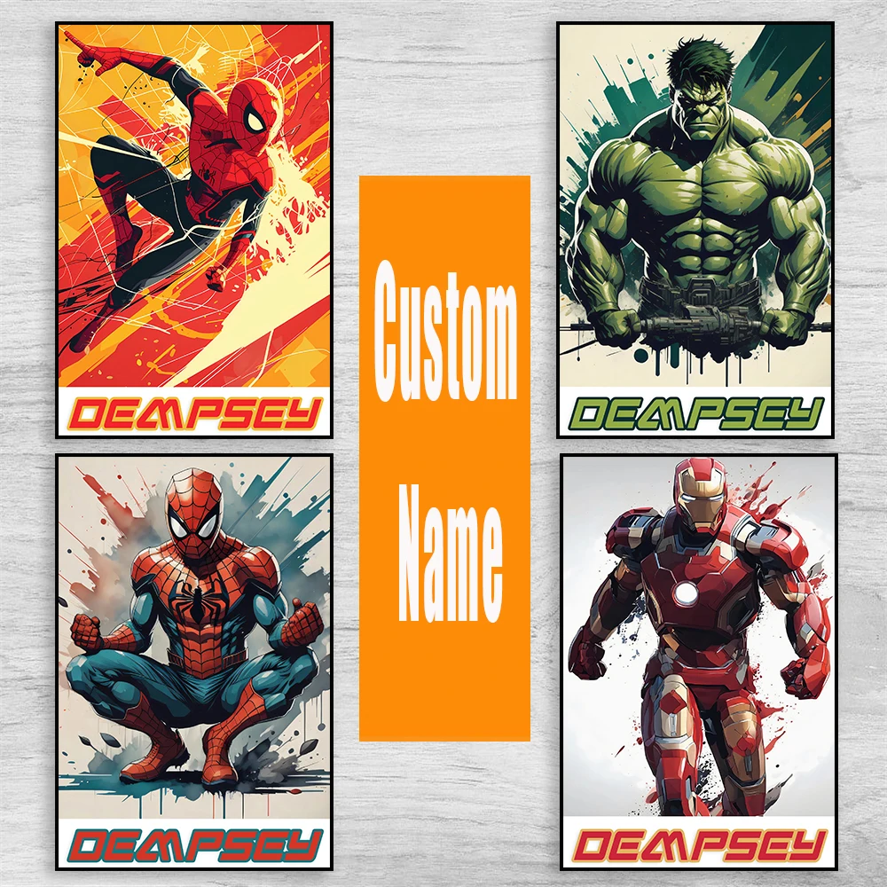 Póster de superhéroe personalizado con nombre, póster personalizado Vintage de Spiderman, Hulk, acuarela, Iron Man, pintura en lienzo, decoración de habitación de niños, impresiones artísticas