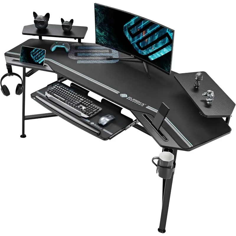 Gaming Desk with Led Lights, Computer Desk Table W Monitor Stand Dual Headphone Hanger Cup Holder for Live,Streamer,Black