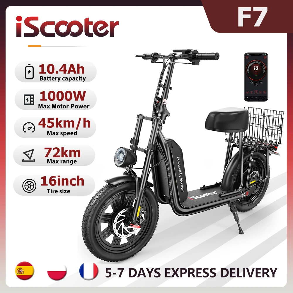 iScooter F7 48V 1000W Trottinette électrique 45 km/h 72 km d'autonomie Contrôle par application Pneus tout-terrain 16 pouces Panier arrière pliable Aide idéale pour les courses