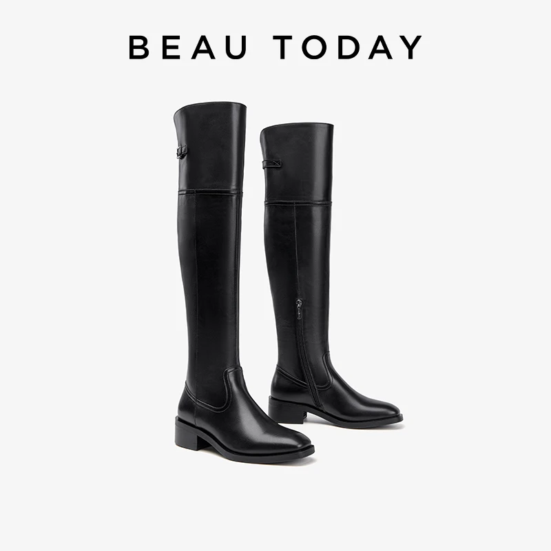 BEAUTODAY Long Boots Women Cow Leather Square Toe Buckle Decoration Zipper Turn-Over Edge Riding Boots Handmade 01050