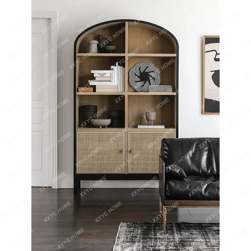 XXSolid Wood Bookcase Light Luxury Rattan Floor-standing Small Bookshelf Wine Cabinet  Sideboard  Style