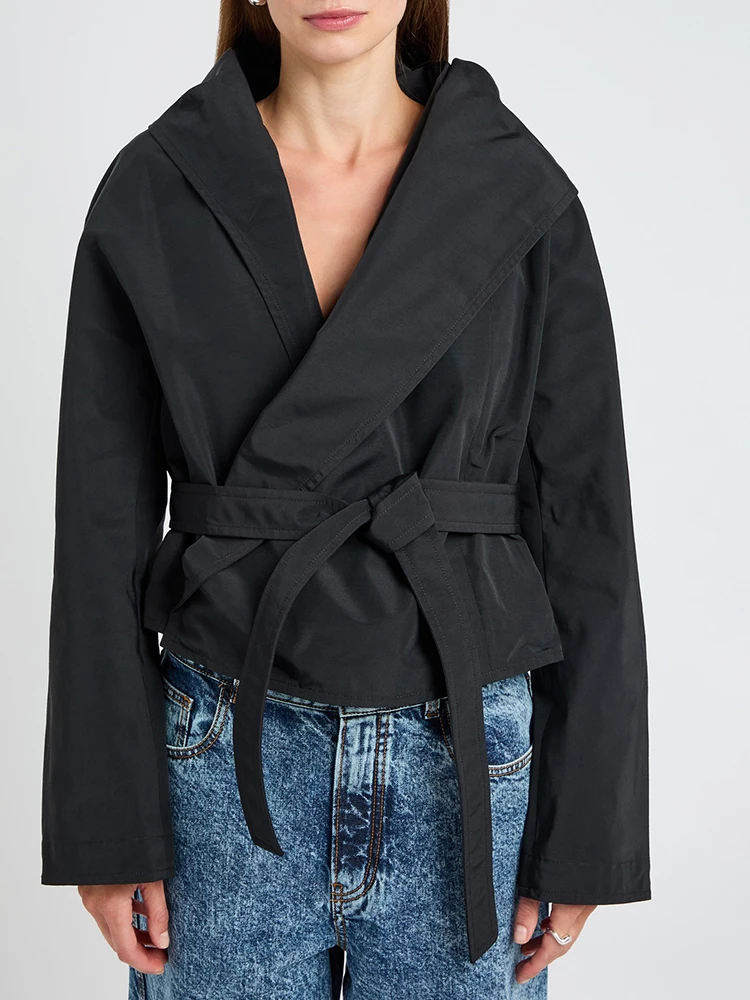 

Women's clothing Y2K autumn and winter hooded belted jacket simple long sleeves jackets for women2025 high-quality new style