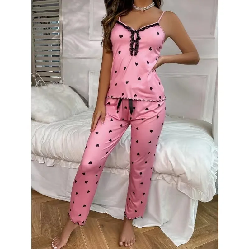 Women\'s new V-neck pajamas comfortable home button up suspender pants home suit set