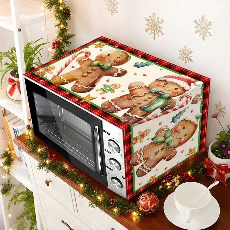 VIKAMA Xmas Microwave Oven Protective Cover Gingerbread Man Candy Cane Pattern Dust & Oil Proof Kitchen Home Christmas Decor