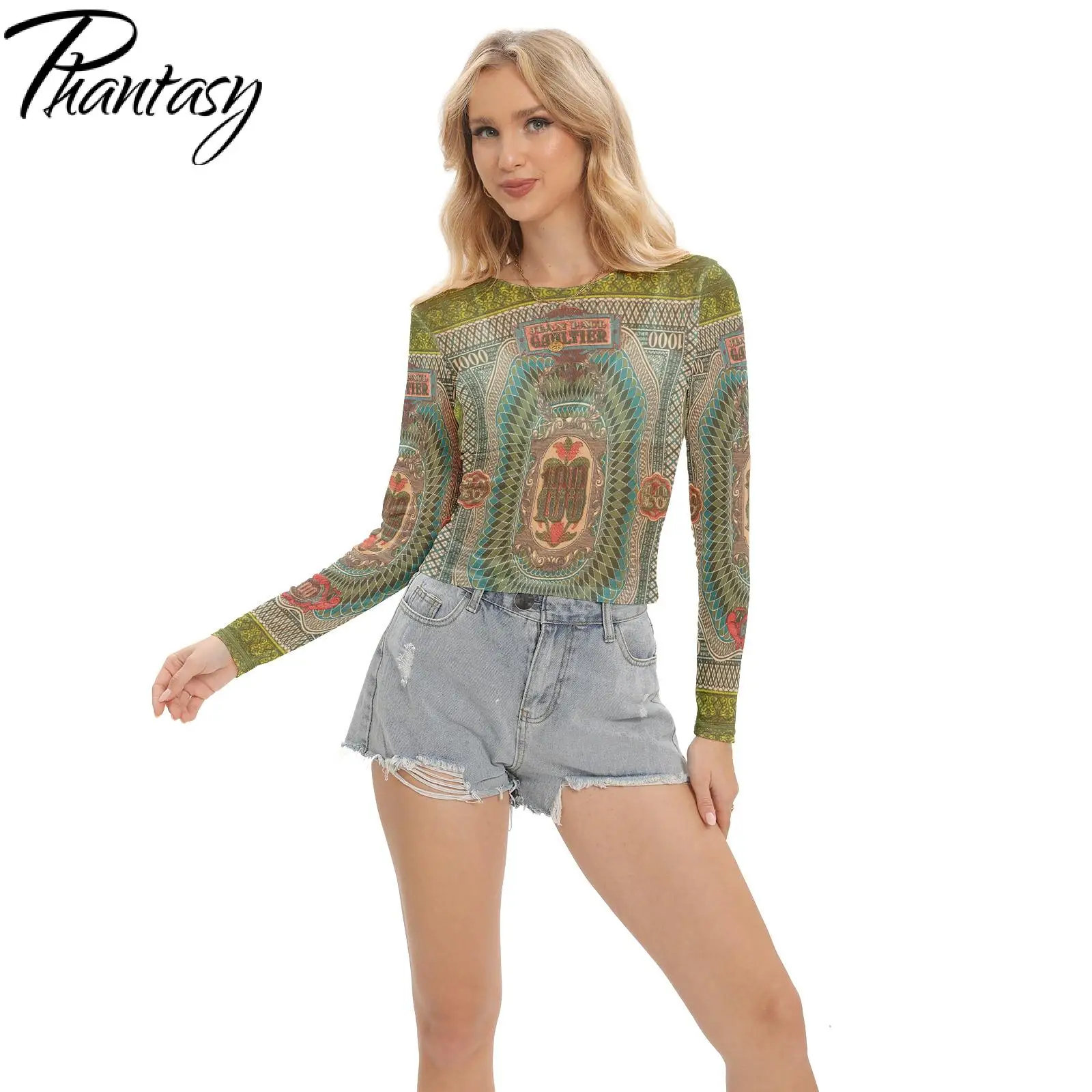 Phantasy Mesh Visible Shirt Women Long Sleeve T Shirt O Neck Vintage Top Fashion Streetwear Spring Breathable Casual Female Tees