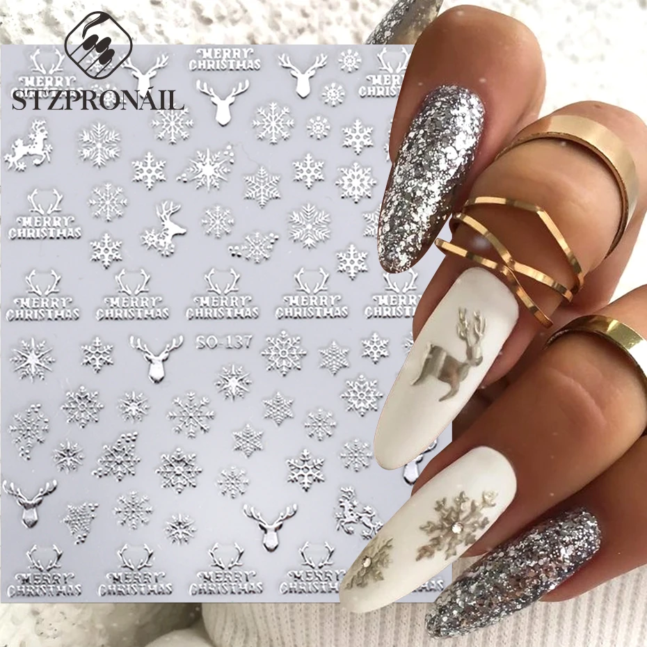 3D Sliver Gold Elk Nail Sticker Christmas Metallic Snowflake Santa Claus Winter Xmas New Year Holographic Slider Nail Decoration