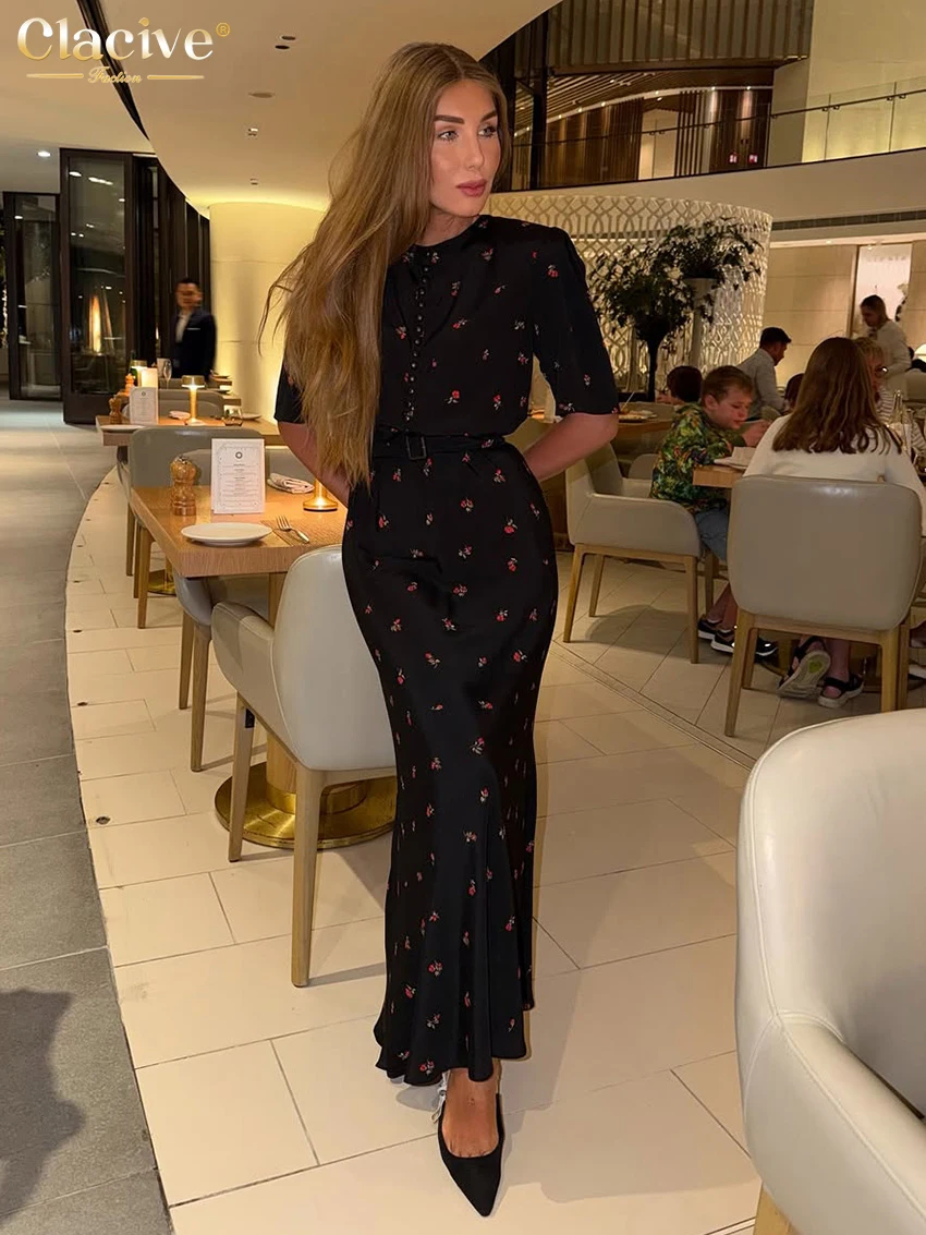 

Clacive Fashion Slim Print Women Dress 2026 Summer O-Neck Short Sleeve Ankle Length Dresses Lady Elegant High Waist Female Dress