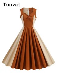Tonval Two Tone Sleeveless Summer Vintage Cotton Dresses Sweetheart Neck Women Color Block 50s Elegant Midi Dress