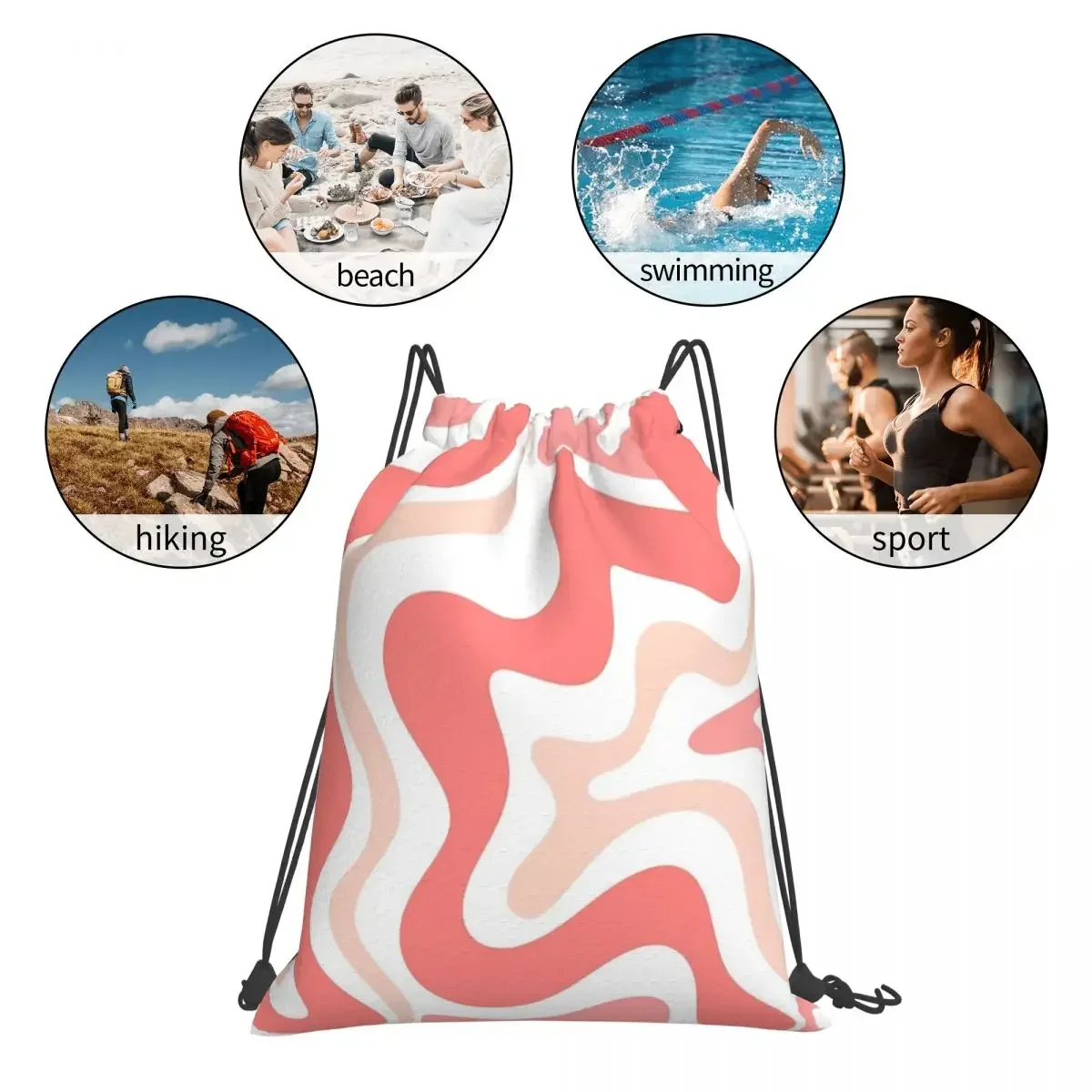 Liquid Swirl Retro Abstract In Blush Pink Tones On White Backpacks Drawstring Bags Drawstring Bundle Pocket Sundries Book Bags