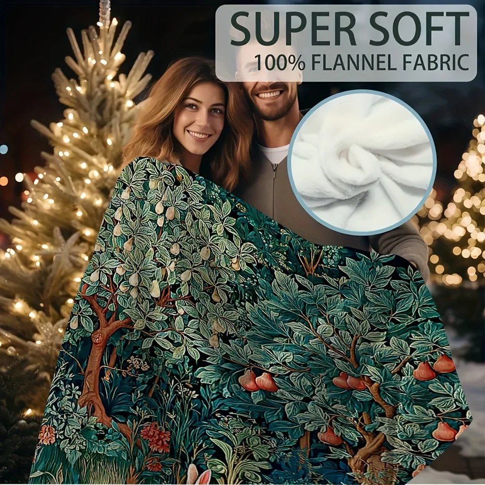 1pc Soft & Cozy Forest Scene Blanket - 60x80 Inch, Vintage William Morris Style with Bunny & Mushrooms Design, Multi-Purpose