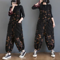Vintage Print Floral Denim Jumpsuit Women Loose Wide Leg Baggy Straps Cargo Pants Streetwear Big Size Black Jeans Overalls Femme - Image 5
