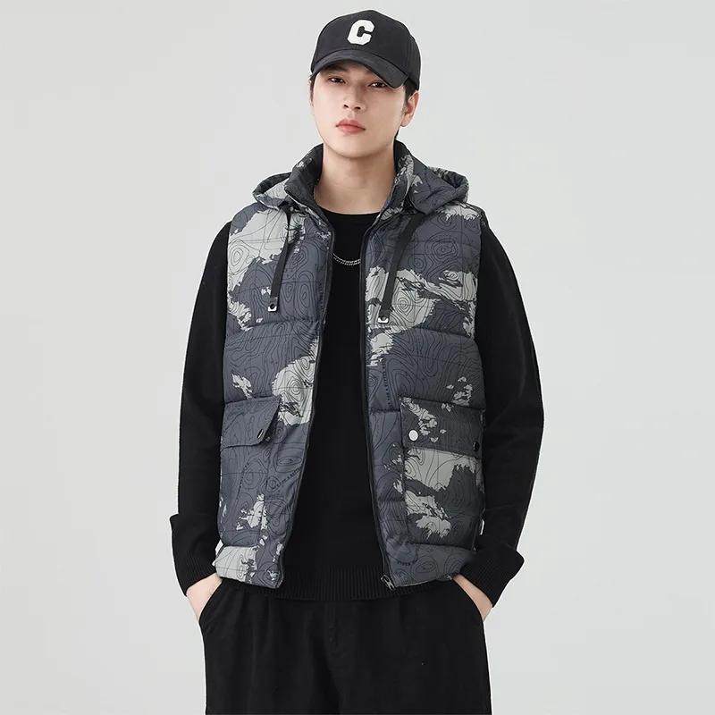 Men's Hooded Drawstring Zipper Cardigan Vest Geometric Print Contrast Camouflage Jacket Fashion Top