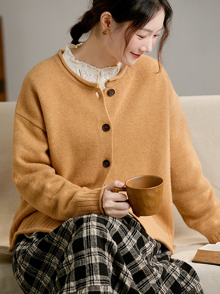 

Gujia 00% Wool Knitted Cardigan Women's round Ne Warm Thiened Autumn Winter Sweater ort Outerwear Commute Sle Loose Fit