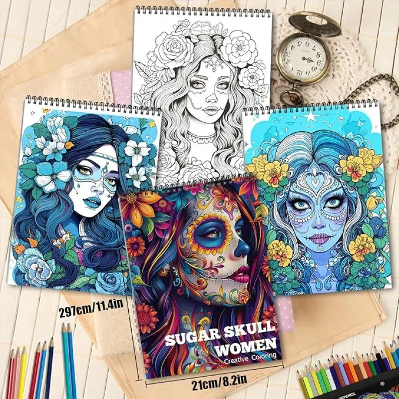 Libro para colorear de un solo lado con encuadernación en espiral para mujeres adultas: 24 páginas de diseños artísticos, manualidades y calaveras