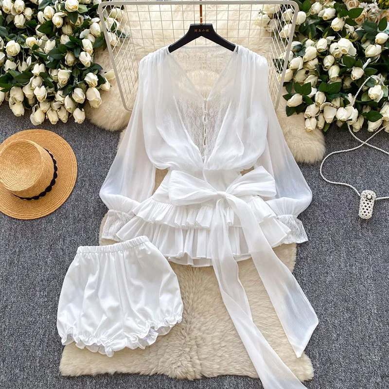 Fairycore Lace Chiffon Dresses With Stretch Shorts Pearl Button Bow Female Ruffles Sheer Seaside Holiday Mini Dress