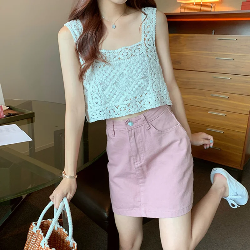 Square Collar Cotton Crochet Tank Top Sexy Knitted Hollow Out Mesh Vest Crop Top Women Femme Vintage Backless Short Tops Female