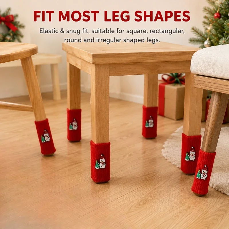 4-Pack Christmas Snowman Chair Leg Covers, Red Knitted Christmas Table and Chair Leg Protectors, Wear-Resistant Foot Pad Covers