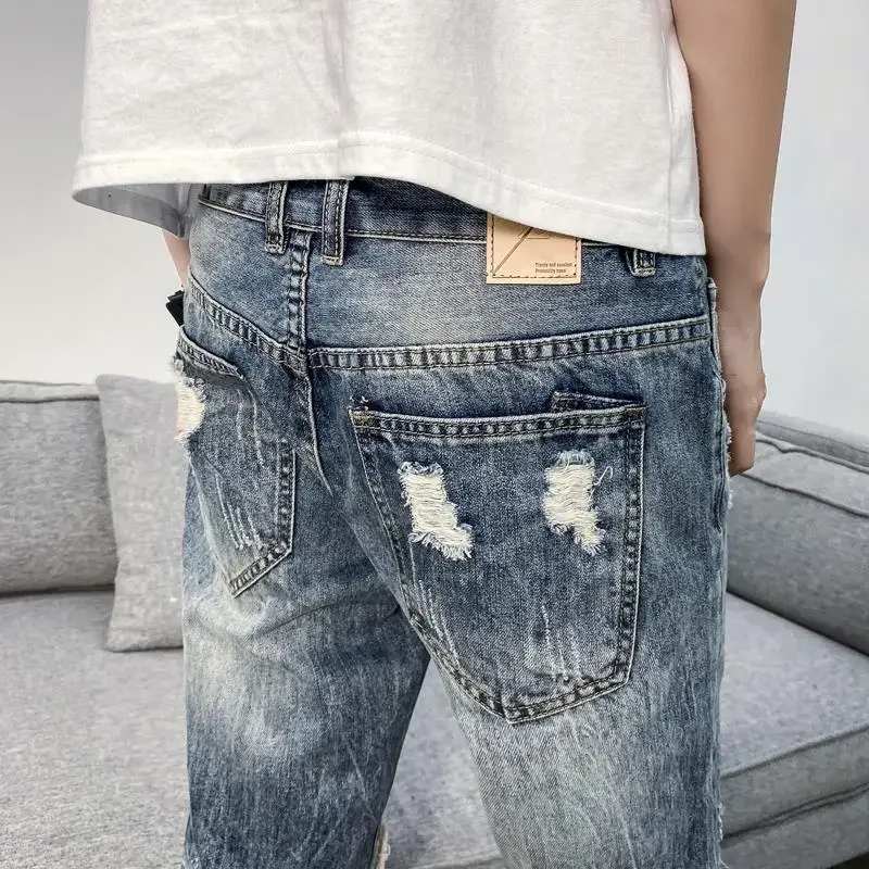 Celana Pendek Denim Pria Lurus Longgar Longgar Setengah Robek Celana Jeans Pendek Pria Panjang Lebar Bermuda dengan Saku Y2k Fashion Populer Xl