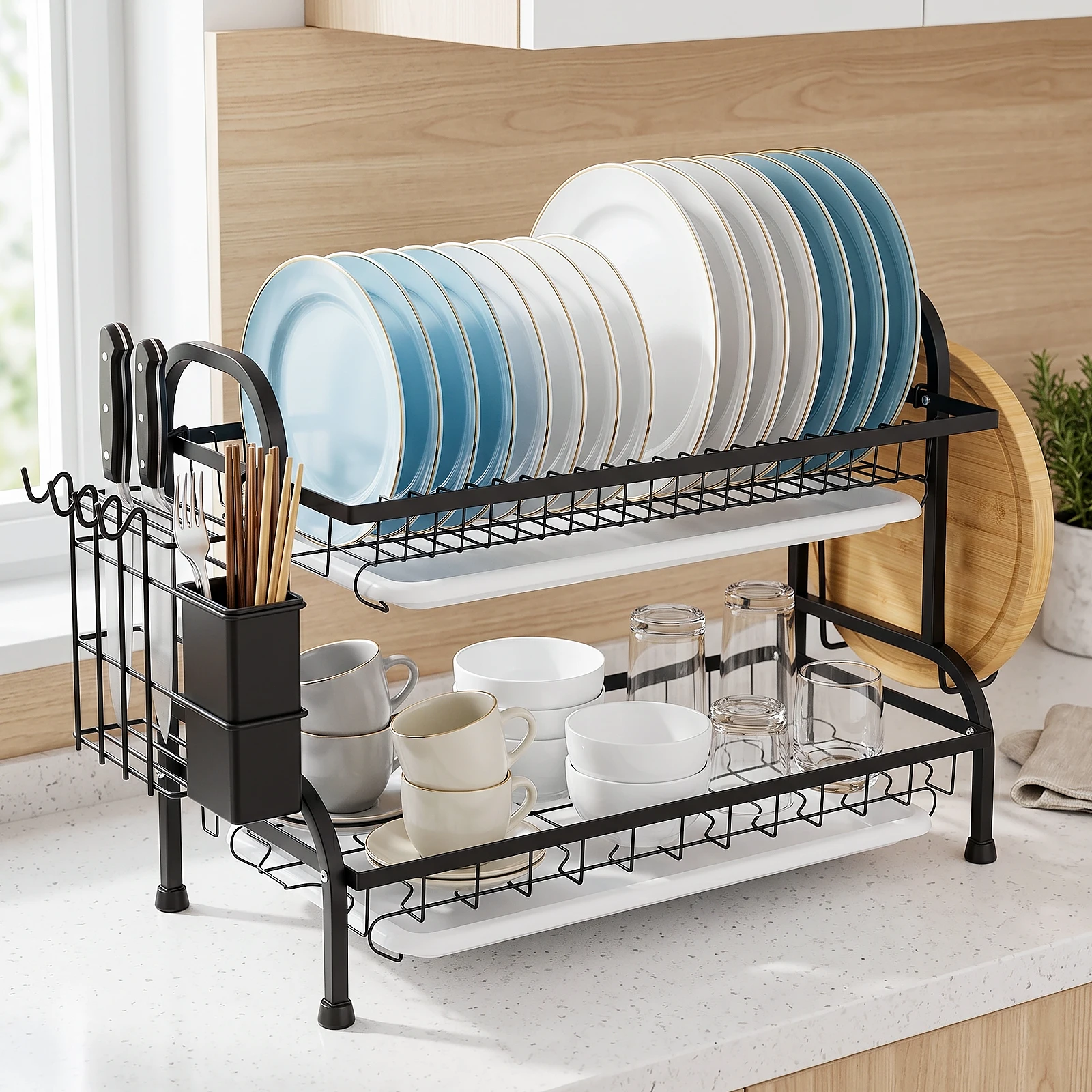 Scolapiatti a due livelli con sistema di drenaggio automatico, ideale per il piano di lavoro della cucina, realizzato in ferro resistente alla ruggine, dotato di vaschetta per l'acqua, disponibile