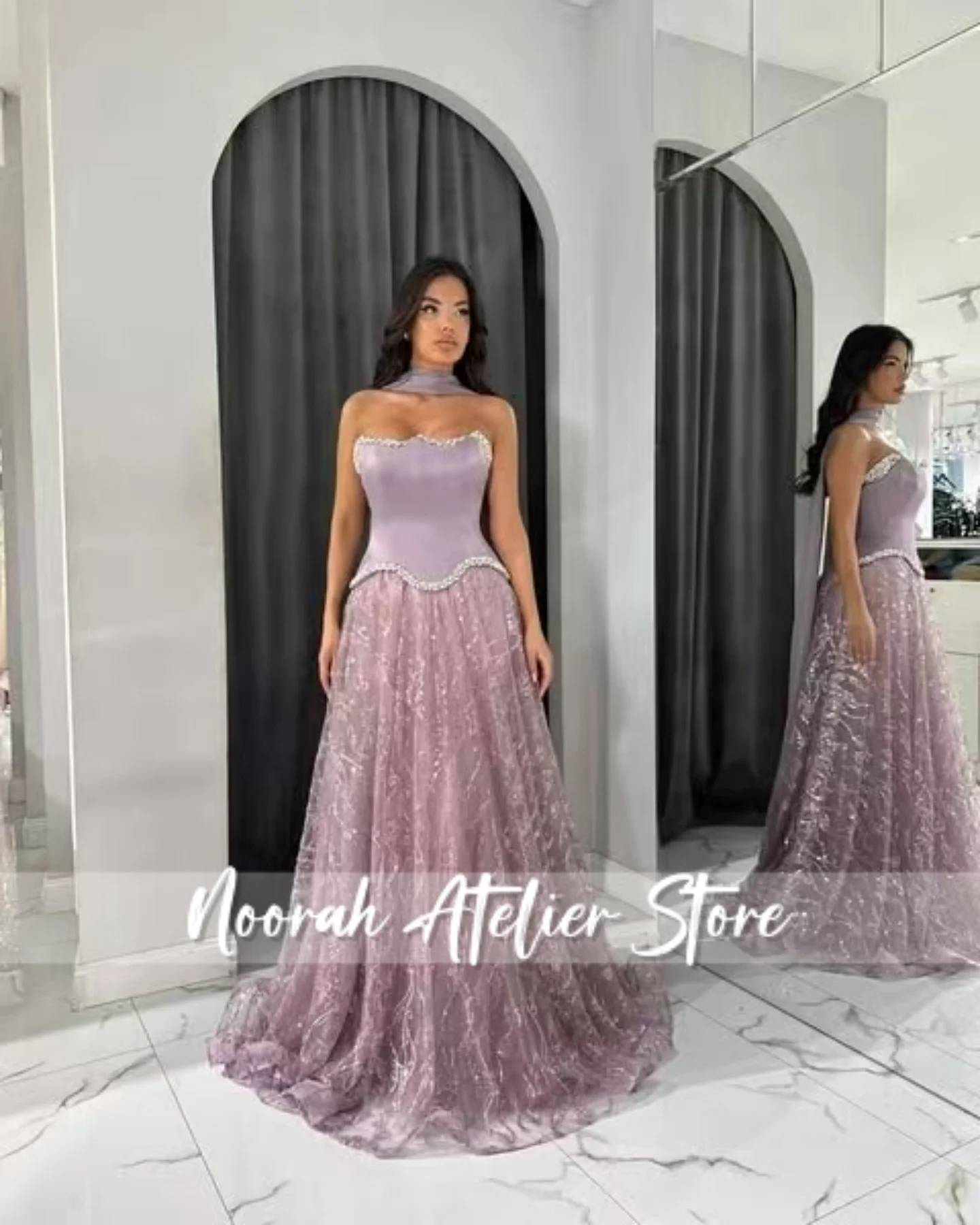 Glossiness สีม่วง Strapless ดูไบผ้าพันคอชุดราตรี 2025 ชุดแต่งงาน Aline พรหมชุด FBساتة ชุดอย่างเป็นทางการที่กําหนดเอง