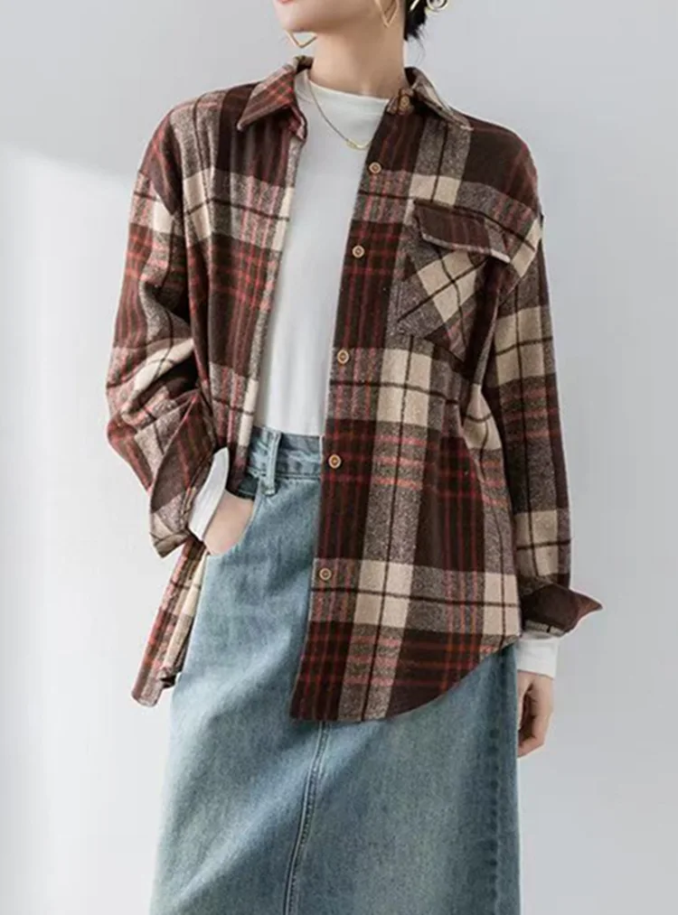 

Весенне-осенняя клетчатая блузка, женская одежда, винтажная рубашка с карманами, блузки с длинными рукавами, женские повседневные топы, свободные рубашки женские