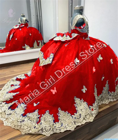 Red Elegance Flower Girl Dress Butterfly Decoration Fluffy Lace Appliqué For Birthday Children's Communion Party Dress