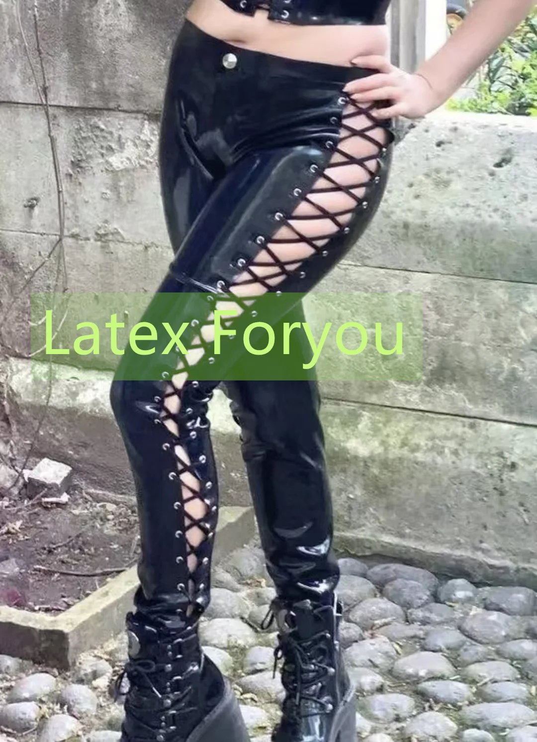 

Woman Latex Leggings Fetish Lady's Pantyhose Rubber Trouser Skin Tight Pants Side Lacing Front Zip Halloween Cosplay Costume