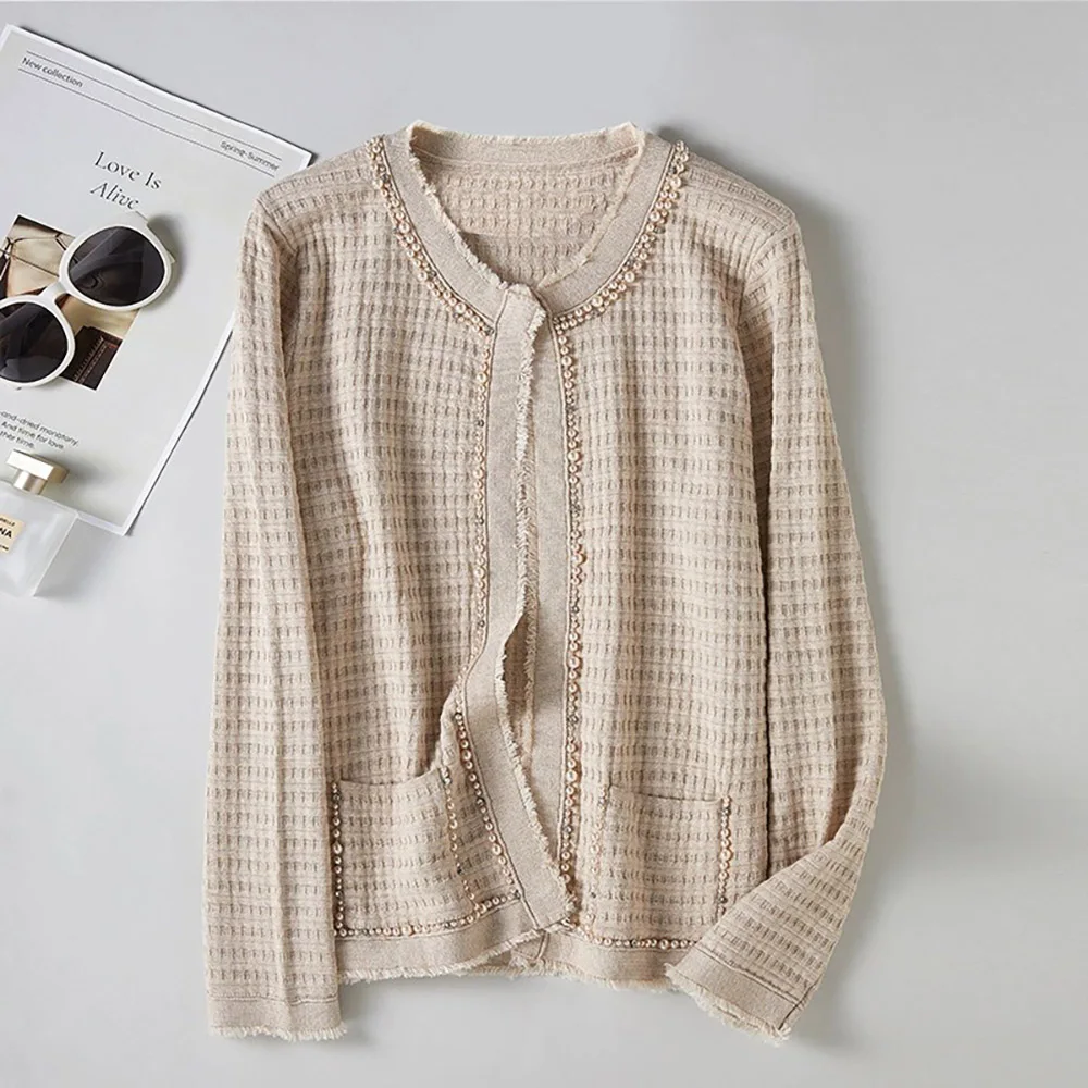 

Женские свитера-кардиганы из шелкового шелка с круглым вырезом и открытой передней частью, вязаные куртки с длинными рукавами, пальто, модная верхняя одежда с карманами