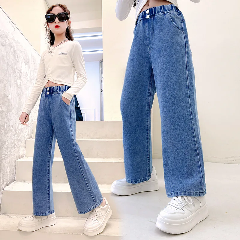 New Girls Jeans Spring Autumn Teenage Fashion Loose Two Button Kids Straight Pants School Children Trousers 6 8 10 12 13 Years