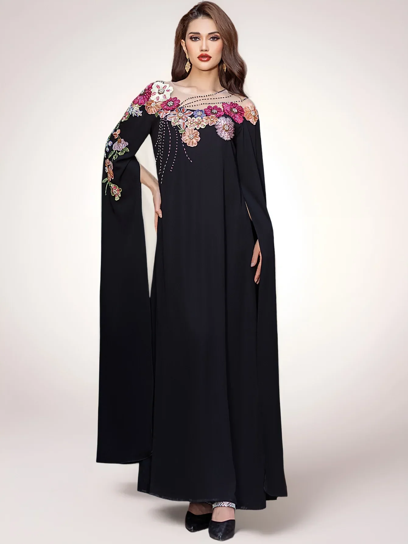 New Spring Dubai Arab Muslim Dress Embroidery Fashion Super Long Sleeve Robe Abayas Evening Kaftan Party Musulmane Femme Vestido