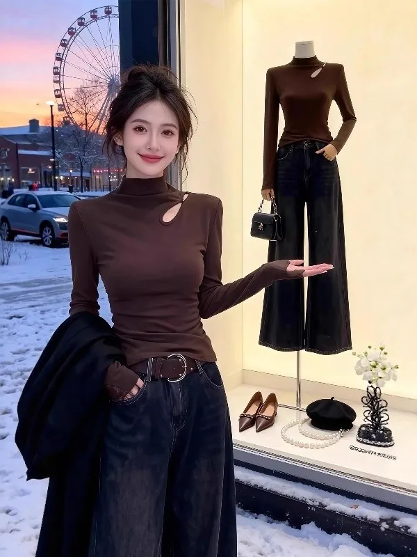 

Женская футболка с длинным рукавом и высоким воротником, облегающая, из хлопка, весенняя, модная, повседневная, мягкая, удобная, дышащая.