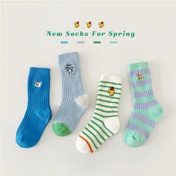 4 Pairs Children's Socks Boys Embroidery Cotton Socks Spring Autumn Winter Socks Cartoon Pattern Kids Calf Socks