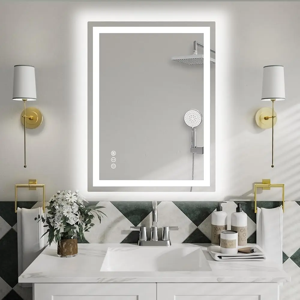 

Зеркало для ванной комнаты 32 x 24 дюйма с подсветкой, подсветкой + передней подсветкой, двойной светильник, регулируемая яркость, 3-цветное светодиодное зеркало для ванной комнаты с подсветкой
