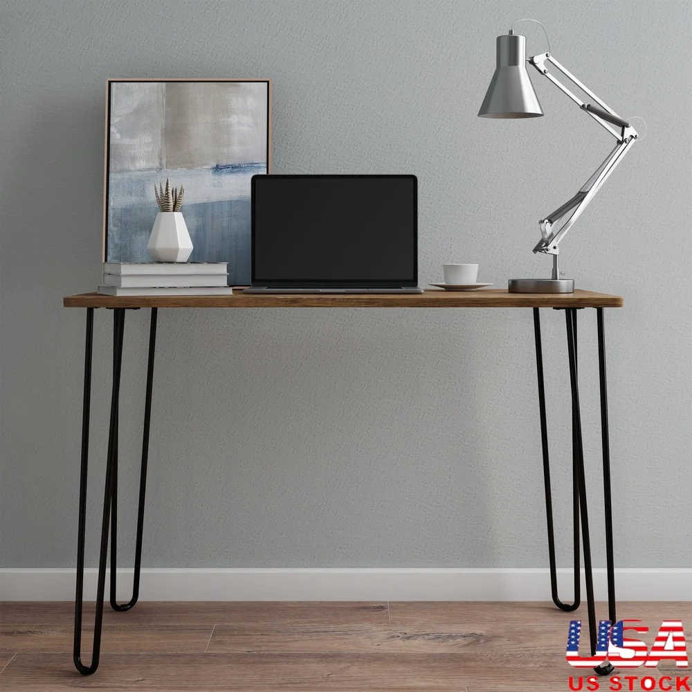 

Hairpin Leg Computer Desk Rustic Woodgrain MDF and Steel Sturdy Writing Table Compact Workspace Home Office Dorm Room Assembly