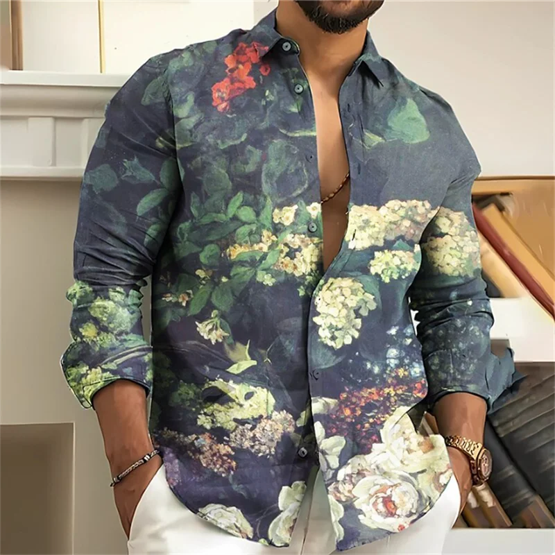 Vintage 2023 Men\'s Shirt Floral 3D Printing Lapel Long Sleeve Outdoor Streetwear Fashion Dress Designer Casual S-6XL Summer