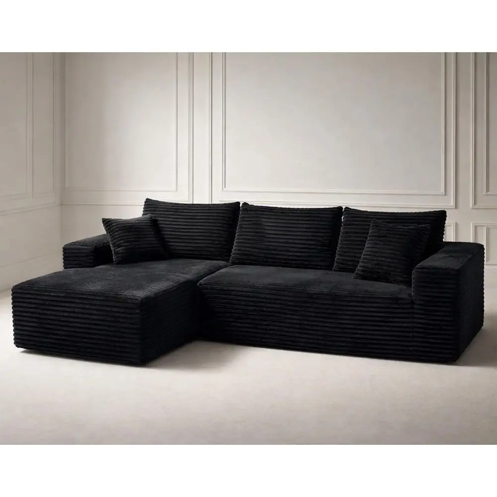 

Luxury Deep Seated L-Shaped Sectional Sofa with Chaise in Black Corduroy Fabric for Living Room