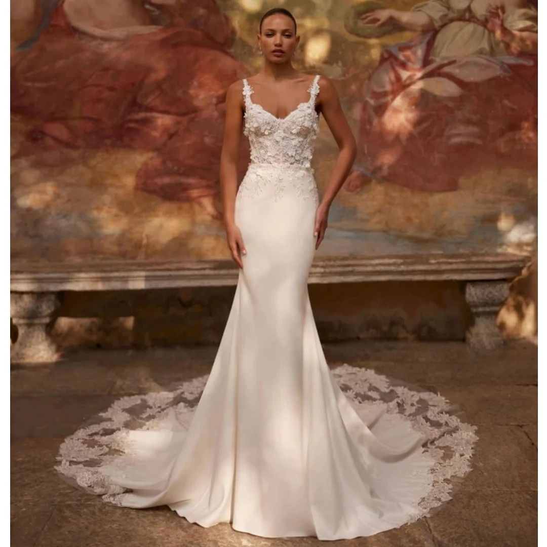 

Ivory Mermaid Wedding Dresses for Brides 2025 Floral Appliqued Vestido de Novia Sweep Train Backless Reception Gown Customized