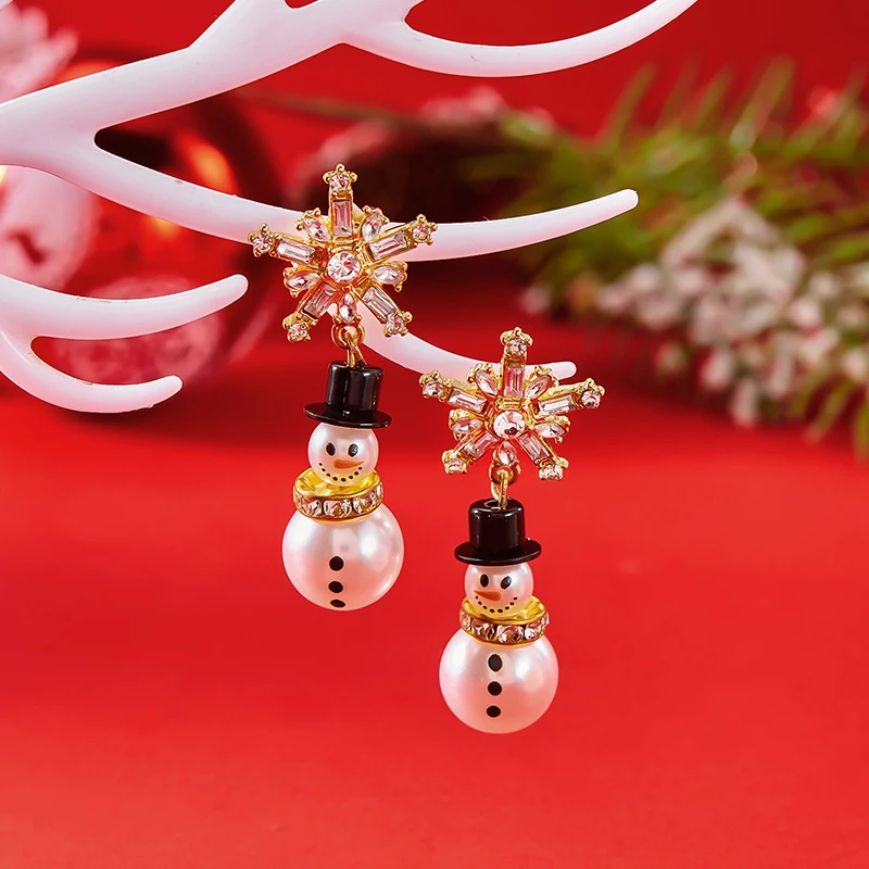 Luxury Zircon Imitation Pearl Snowman Stud Earrings For Women Shiny Crystal Snowflake Earring Christmas Party Jewelry Gifts