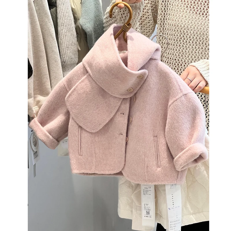 Girls Wool Coat Children 2024 New Autumn Winter Fashion Simple Casual Wool Coat Korean Simple Style Clothes Top Children