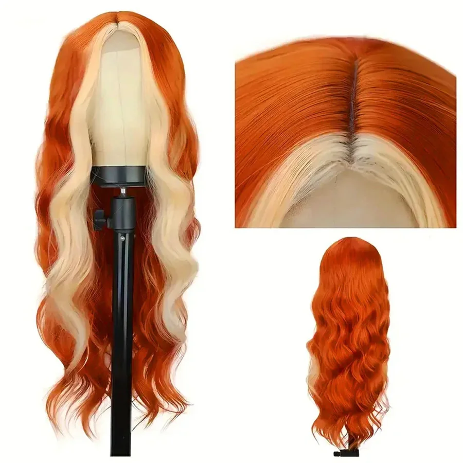 28inch Loose Wavy Middle Part Glueless Lace Wig Blonde Heat Wig Long Wavy Orange Hair Skunk Stripe Synthetic Wigs