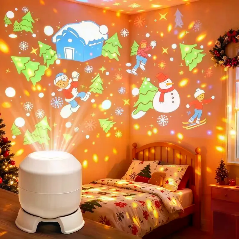 Christmas Projector Night Light Rotatable Snowman Elk Snowflake Projection Lamp For Bedroom Xmas Holiday Party Home Decor