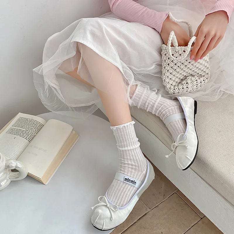 Lolita Kawaii Cute Ruffle Socks Women Summer Thin Mesh Breathable Loose Long Socks Ballet Style Solid Color Black White Socks