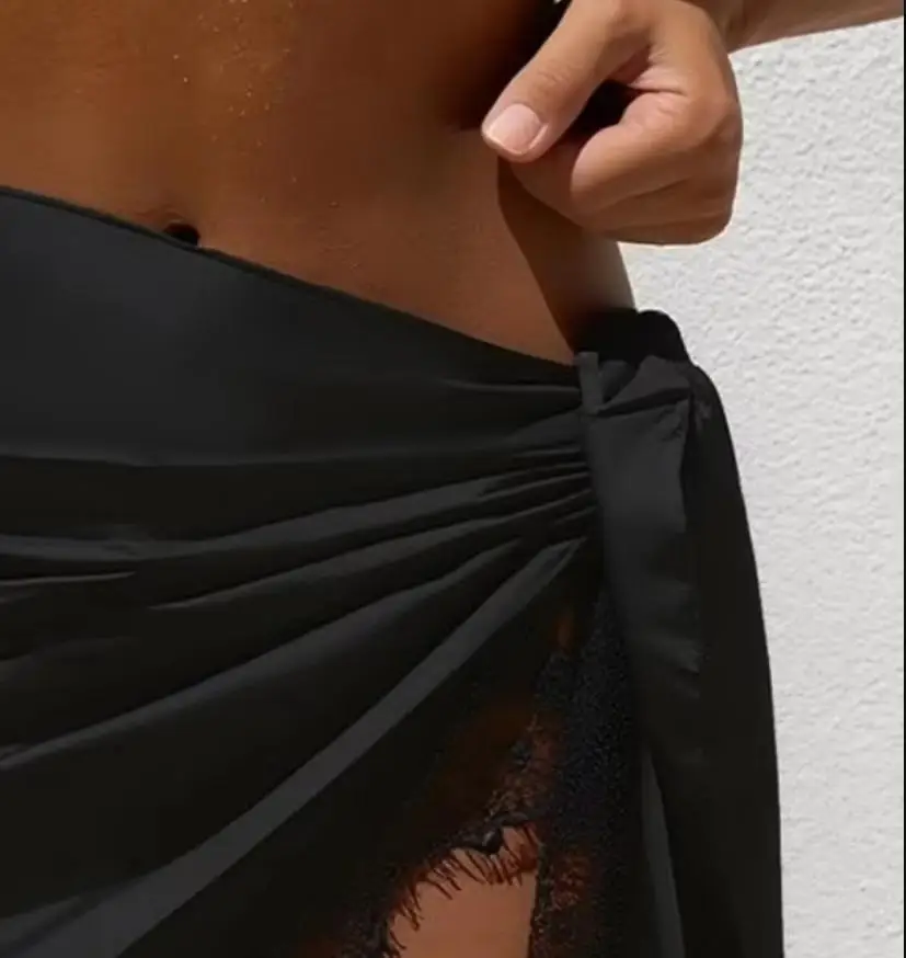 Women's Lace Coverups Sexy Short Bathing Suit Satin Wrap Skirt Beach Swimsuit Cover Ups With lace Tassels Swimwear