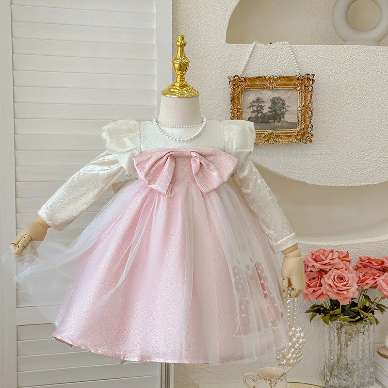 2024 Cute Rabbit Girl Princess Dress Birthday Party Girls Dresses Bubble Sleeves Clothes Tulle Design Bow Children New Vestidos